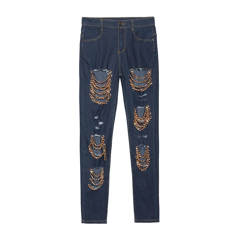 VenusFox Ripped  Jeans with Chain Plus Sizes
