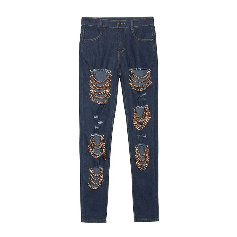 VenusFox Ripped  Jeans with Chain Plus Sizes