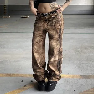 Vintage Grunge Tie Dye Y2K Women Jeans Fairycore 2000s Aesthetic Denim Pants Straight Leg Gradient Trousers Clothing