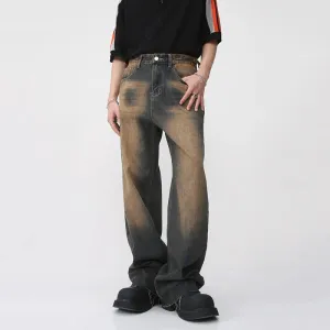 Vintage Men's Burrs Jeans Summer Gradient Color Straight Denim Pants High Street Male Casual Wide Leg Trousers 9A8628