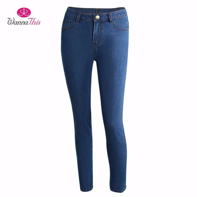 WannaThis Long Jeans Women Basic Classic High Waist Skinny Pencil Blue Denim Pants 2017 Autumn Back Zipper Elastic Stretch Jeans