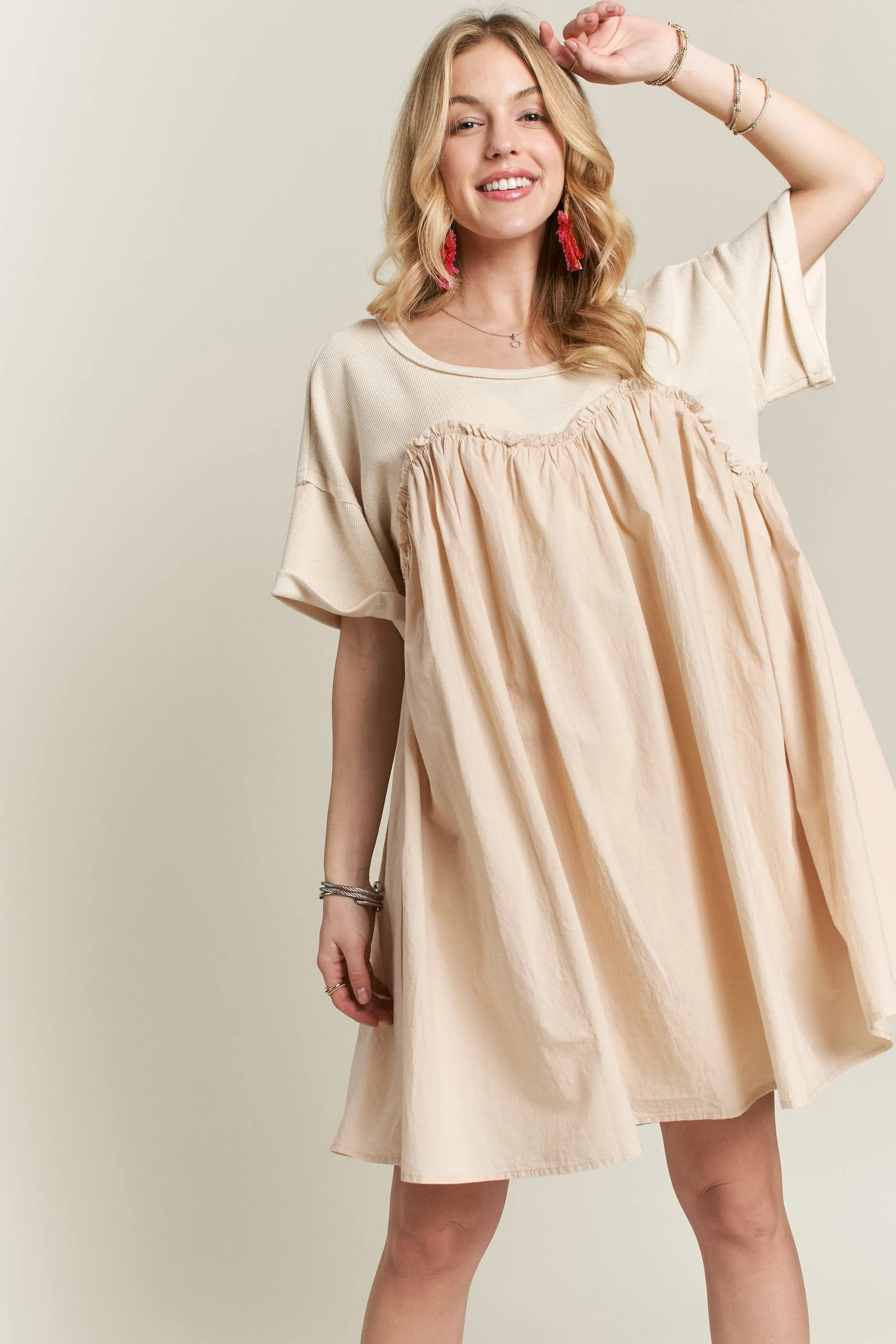 WASHED FABRIC MIX BABYDOLL DRESS SAND (C60)