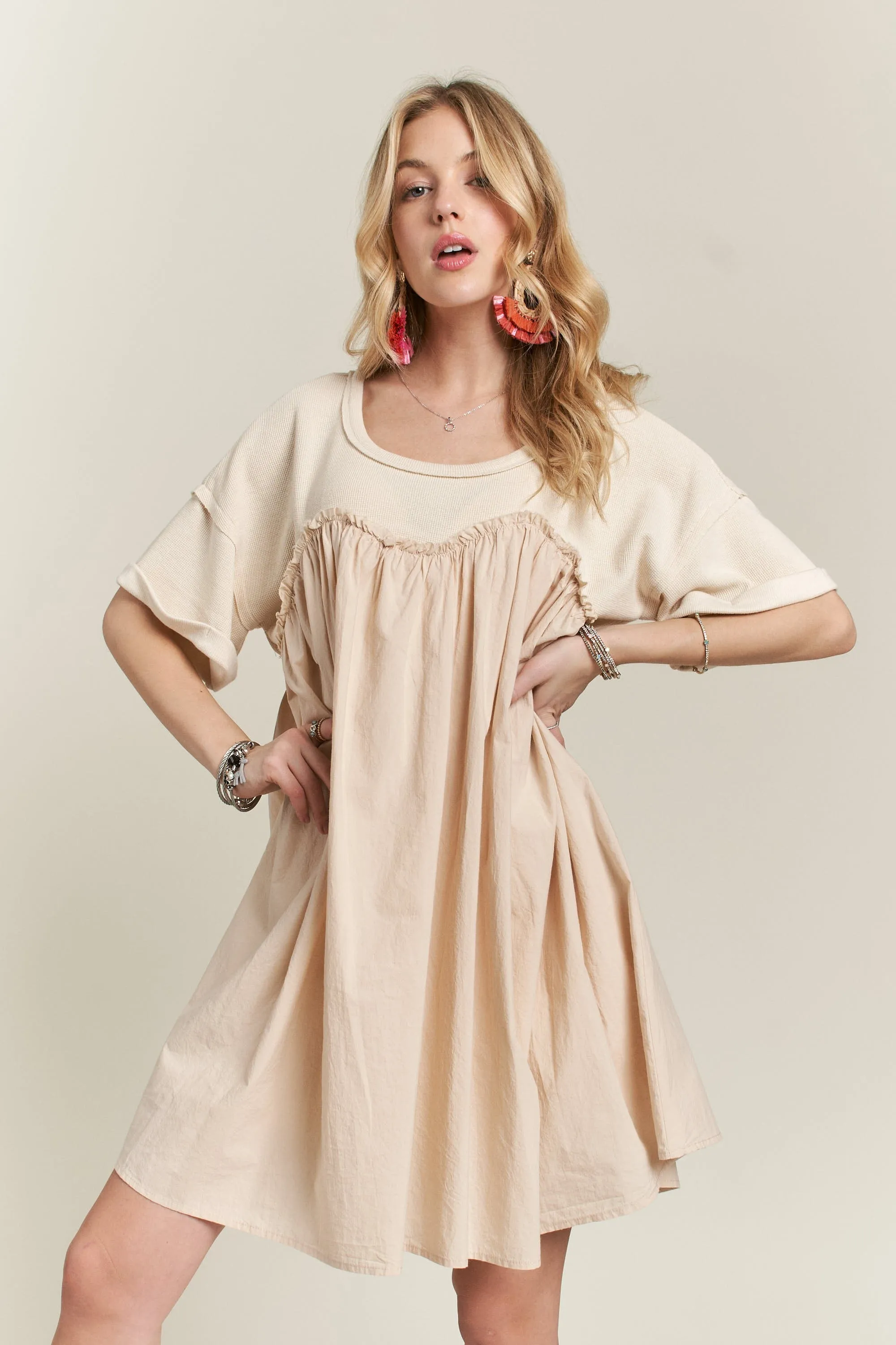 WASHED FABRIC MIX BABYDOLL DRESS SAND (C60)