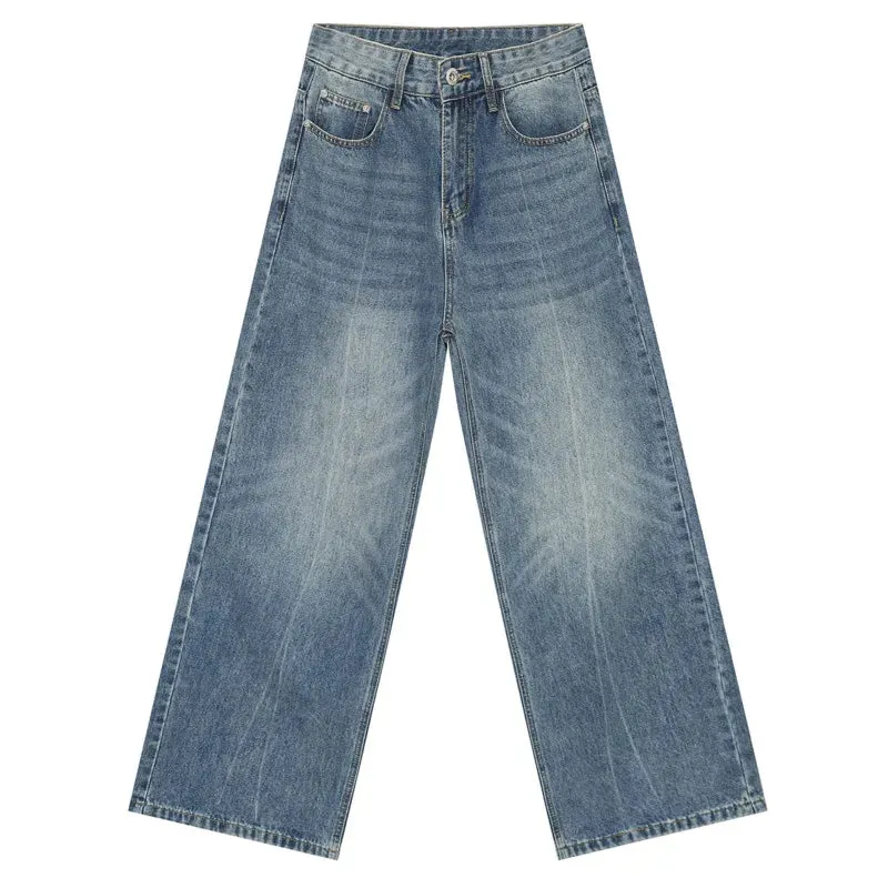 Washed Male Jeans Korean Fashion Gradient Color Pockets Men's Straight Denim Trousers Wide Leg Pants Spring Chic 9C4278