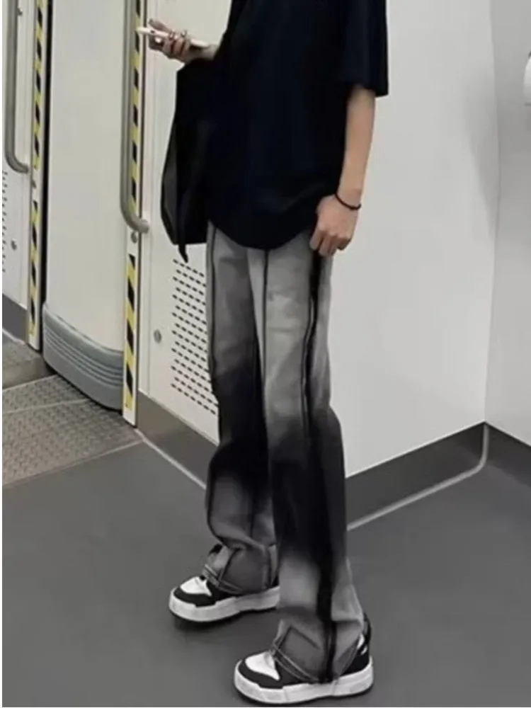 Wenkouban Spliced Jeans With Old Zippers, High Street Insets, Trendy Gradient Straight Tube Loose Wide Leg Pants, Children's Jeans