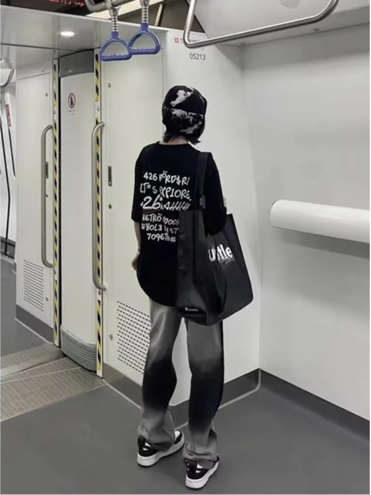 Wenkouban Spliced Jeans With Old Zippers, High Street Insets, Trendy Gradient Straight Tube Loose Wide Leg Pants, Children's Jeans