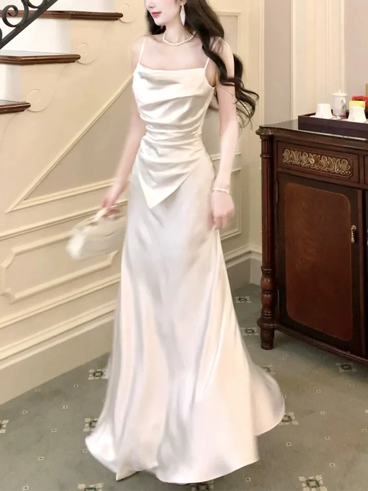 white satin dress, elegant long party dress      S5970