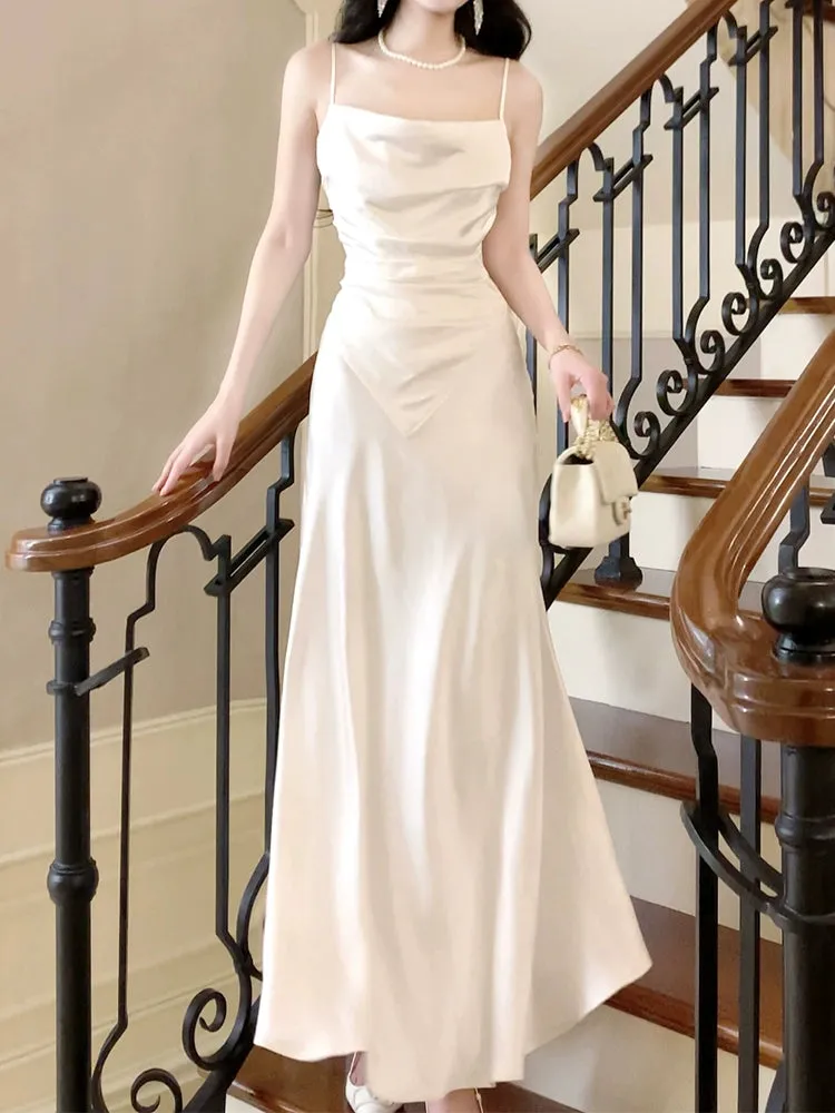 white satin dress, elegant long party dress      S5970
