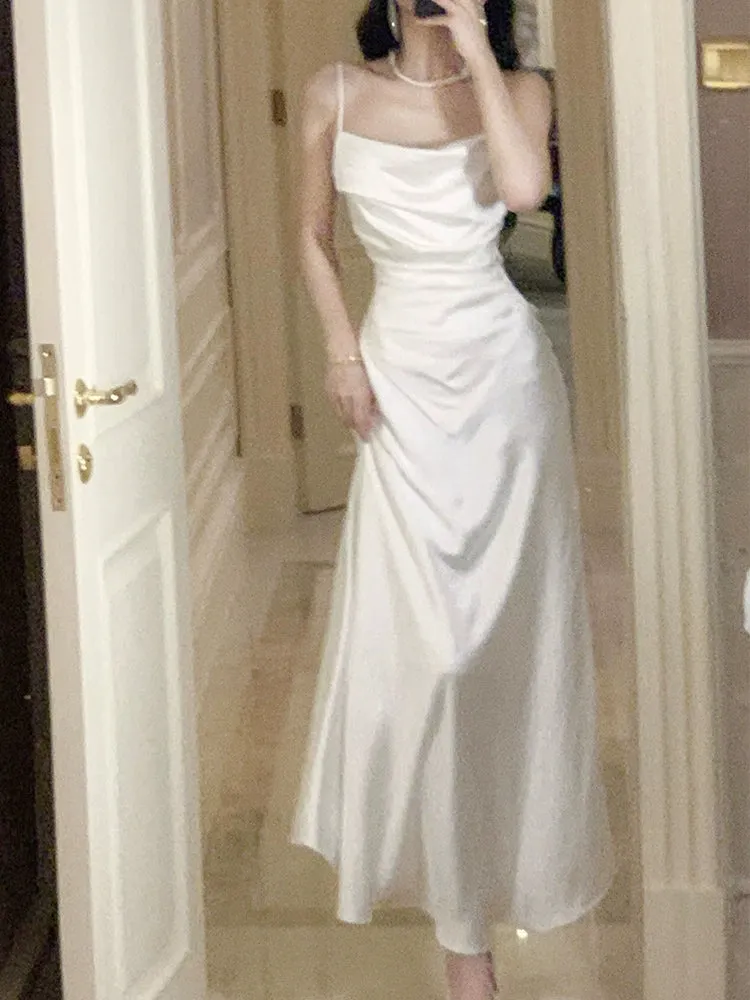 white satin dress, elegant long party dress      S5970