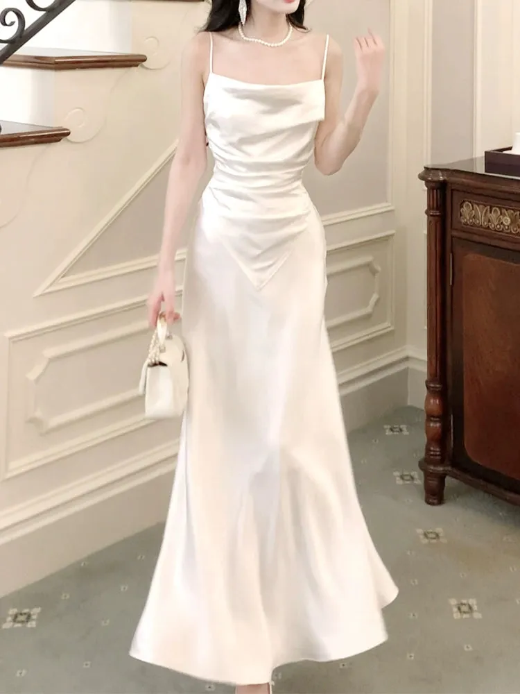 white satin dress, elegant long party dress      S5970
