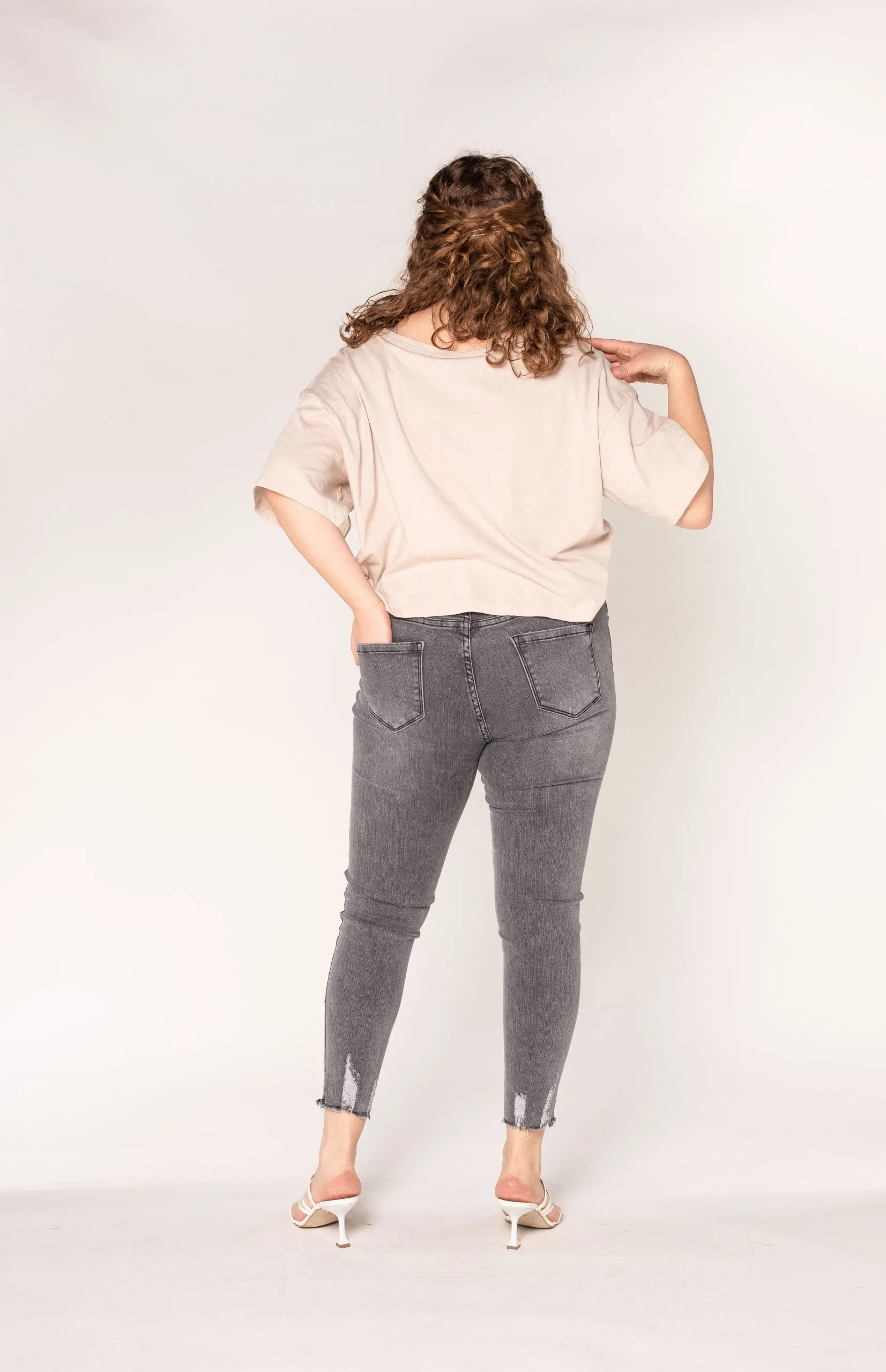 Wholesale Grey Plus Size High Waist Frayed Jeans