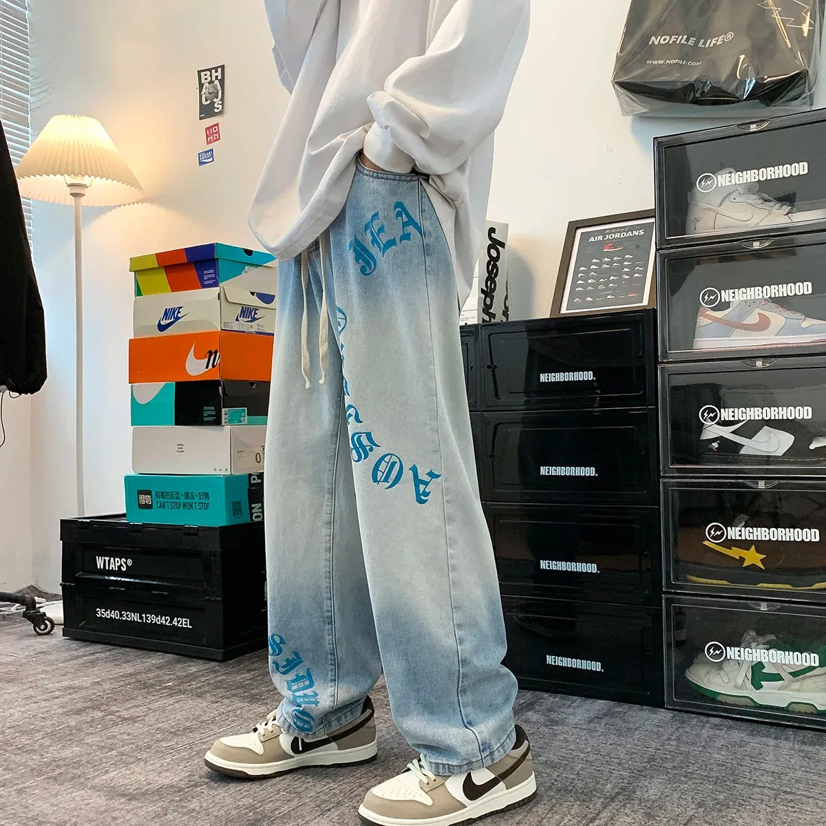 Wiaofellas  -  American high street gradient letter printing elastic waist jeans men's retro loose wide-leg trousers straight baggy casual pant