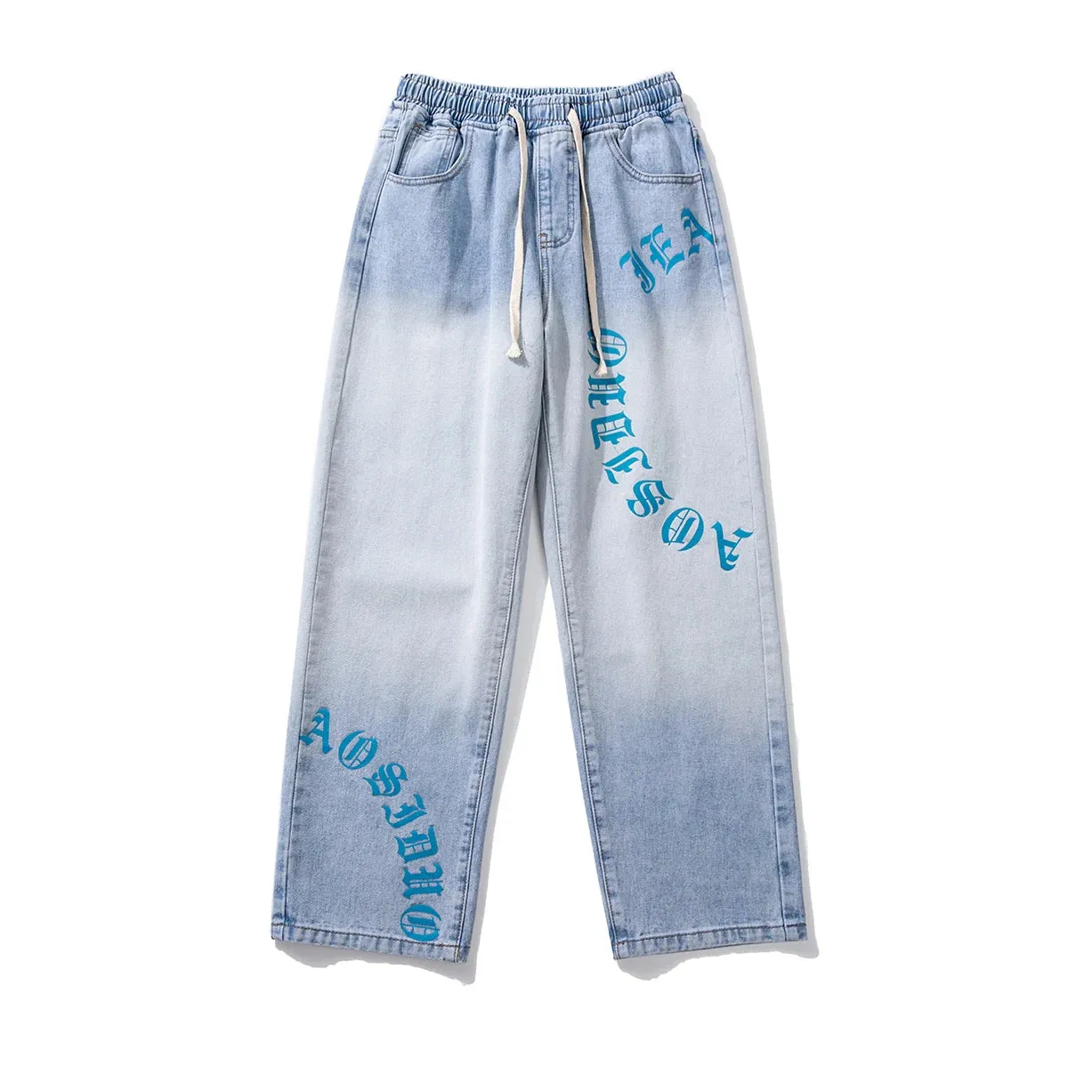 Wiaofellas  -  American high street gradient letter printing elastic waist jeans men's retro loose wide-leg trousers straight baggy casual pant