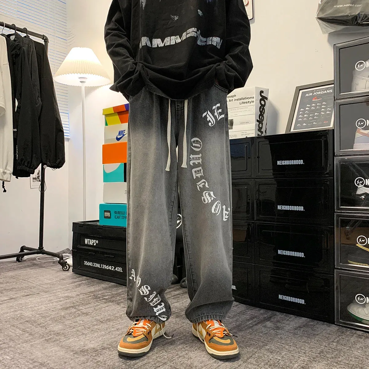 Wiaofellas  -  American high street gradient letter printing elastic waist jeans men's retro loose wide-leg trousers straight baggy casual pant