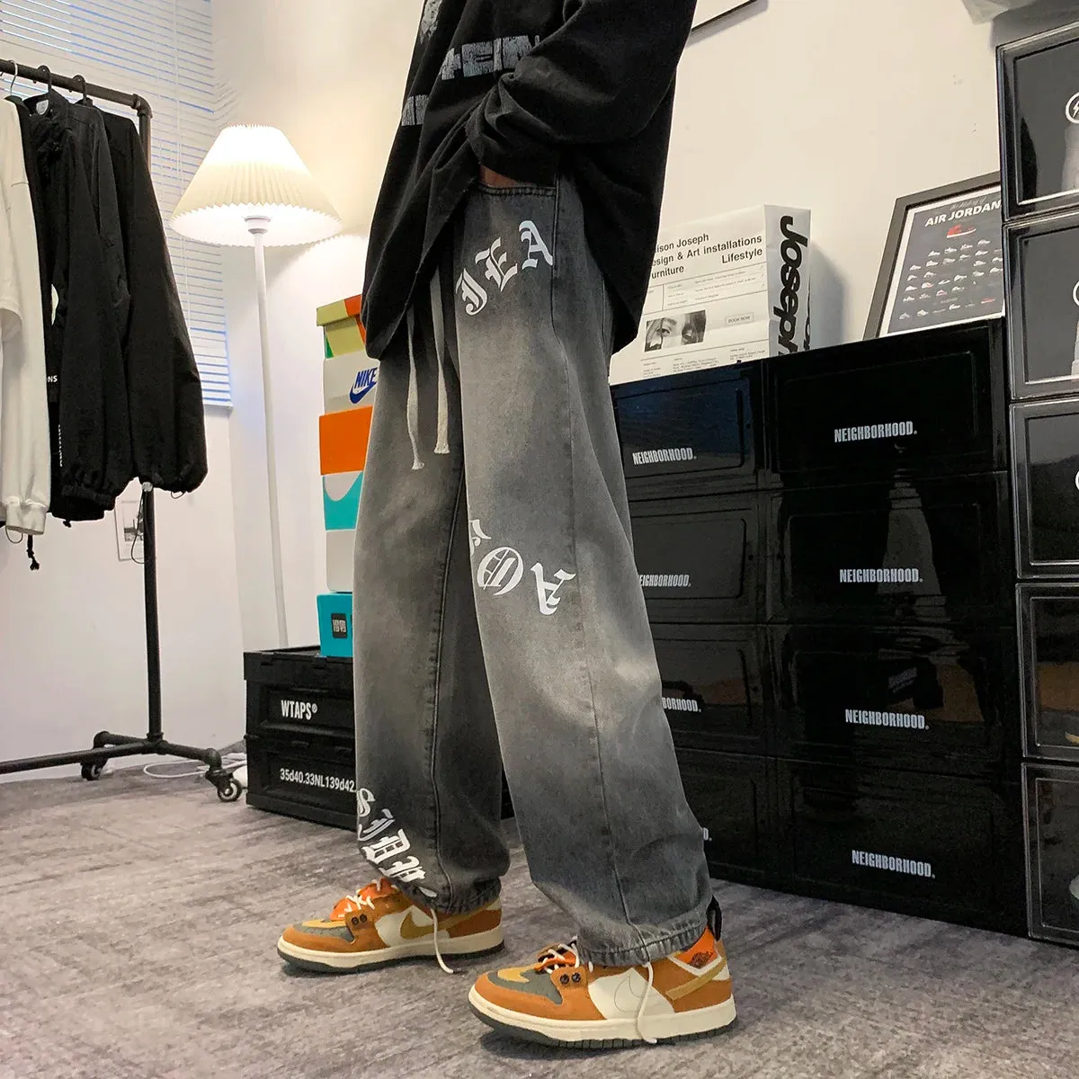 Wiaofellas  -  American high street gradient letter printing elastic waist jeans men's retro loose wide-leg trousers straight baggy casual pant