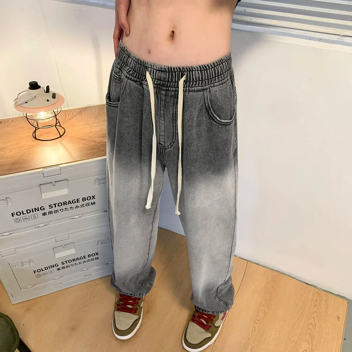 Wiaofellas  -  Autumn new gradient color jeans men's loose straight pendant wide-leg pants ins street tide Y2K casual trousers blue black