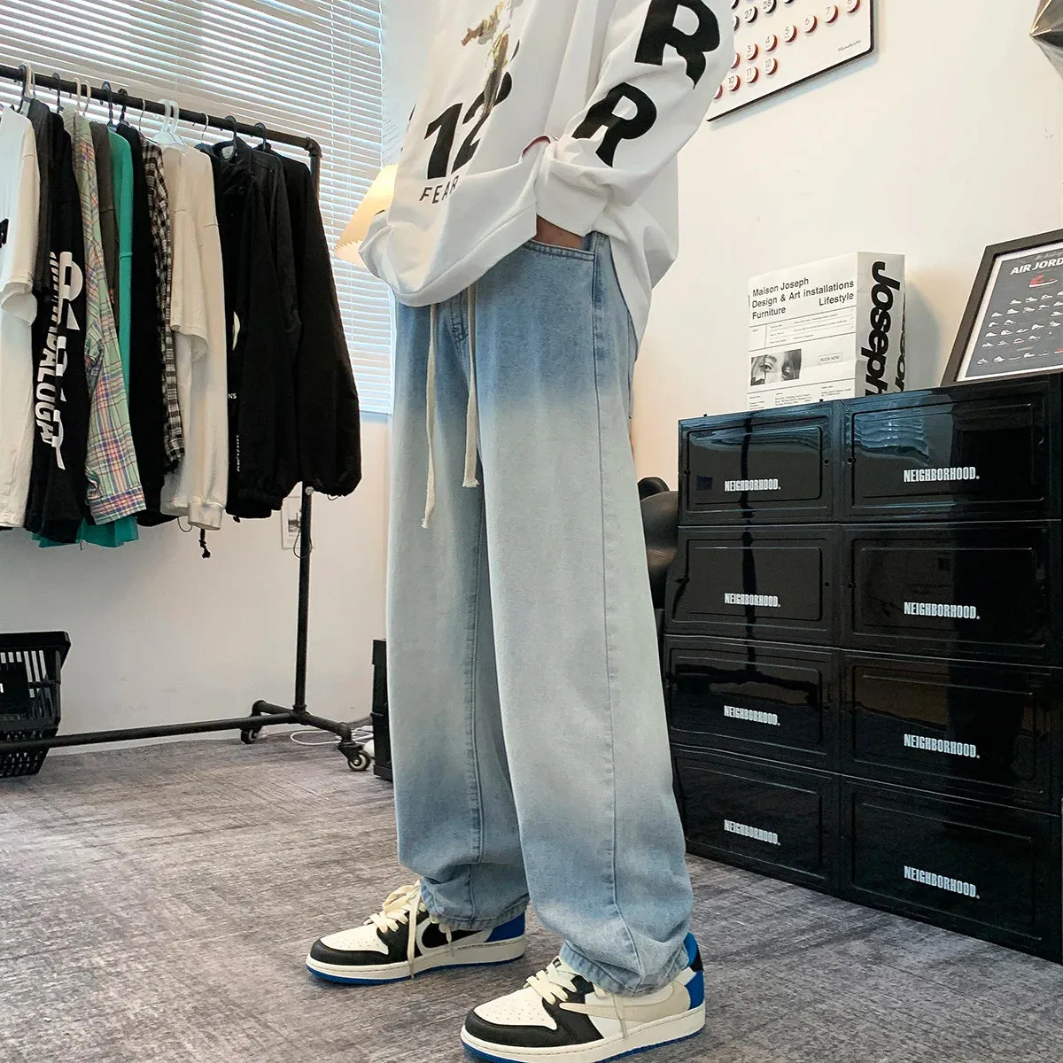 Wiaofellas  -  Autumn new gradient color jeans men's loose straight pendant wide-leg pants ins street tide Y2K casual trousers blue black