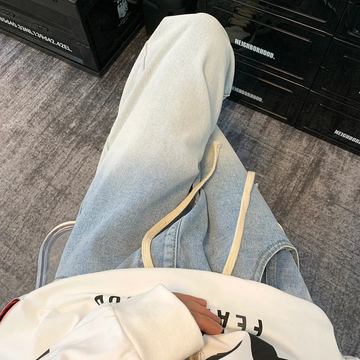 Wiaofellas  -  Autumn new gradient color jeans men's loose straight pendant wide-leg pants ins street tide Y2K casual trousers blue black