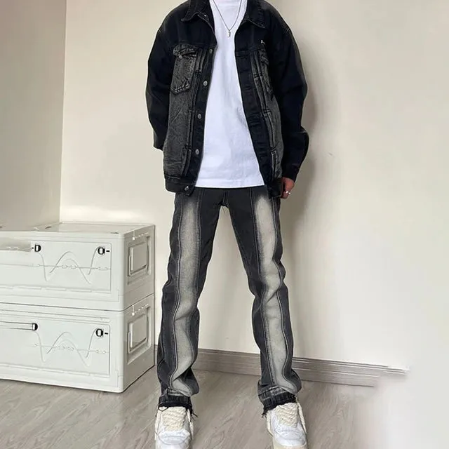 Wiaofellas New Gradient Jeans Men's Korean Streetwear Fashion Brand Baggy Washed Denim Trousers Hip Hop Versatile Straight Wide-leg Pants