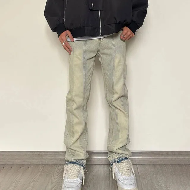 Wiaofellas New Gradient Jeans Men's Korean Streetwear Fashion Brand Baggy Washed Denim Trousers Hip Hop Versatile Straight Wide-leg Pants