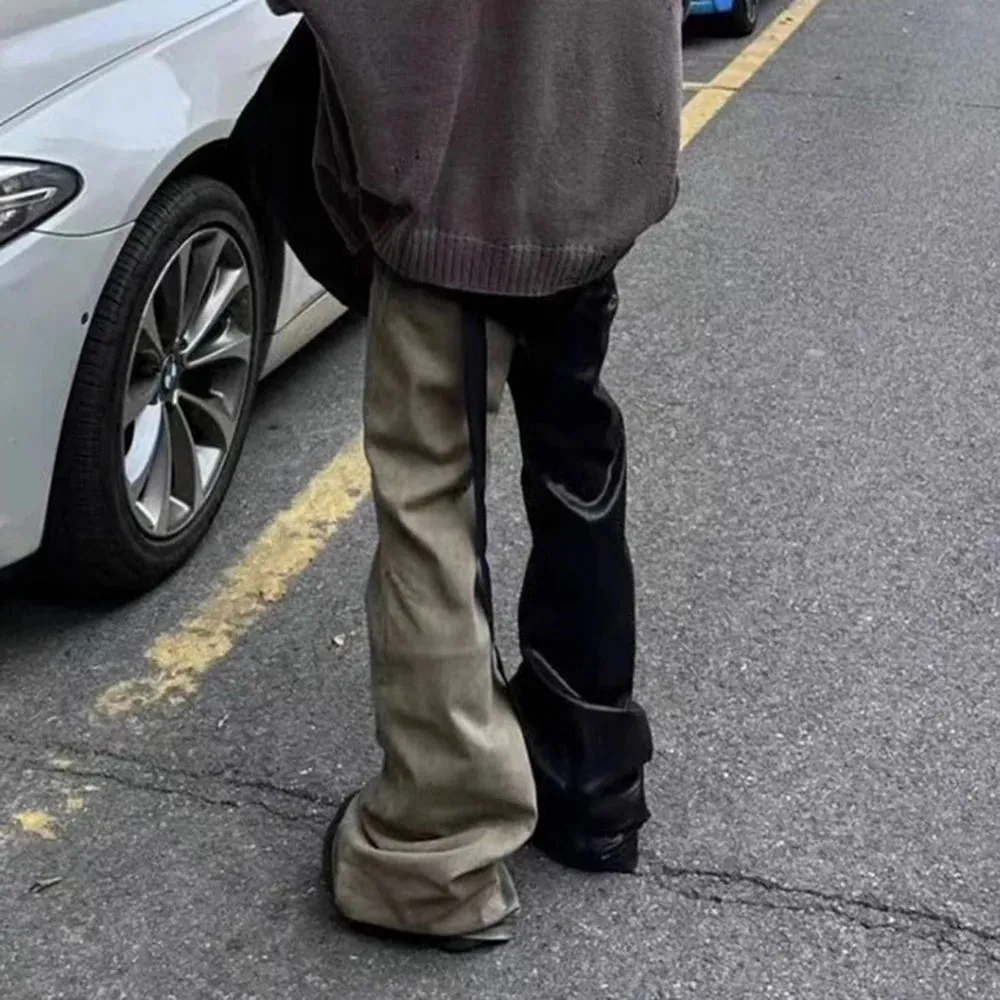 Wiaofellas  -  Style Ribbons Patchwork Gradient Stacked Wax Pants Unisex Straight Streetwear Baggy Y2K Flare Jeans Oversized Loose Cargos