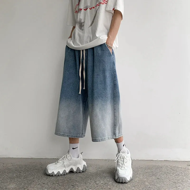 Wiaofellas  -  Summer Gradient Jeans Shorts Male Calf Length Trousers Denim Elastic Waist Short Jean Mens Oversized Black/Blue S-2XL