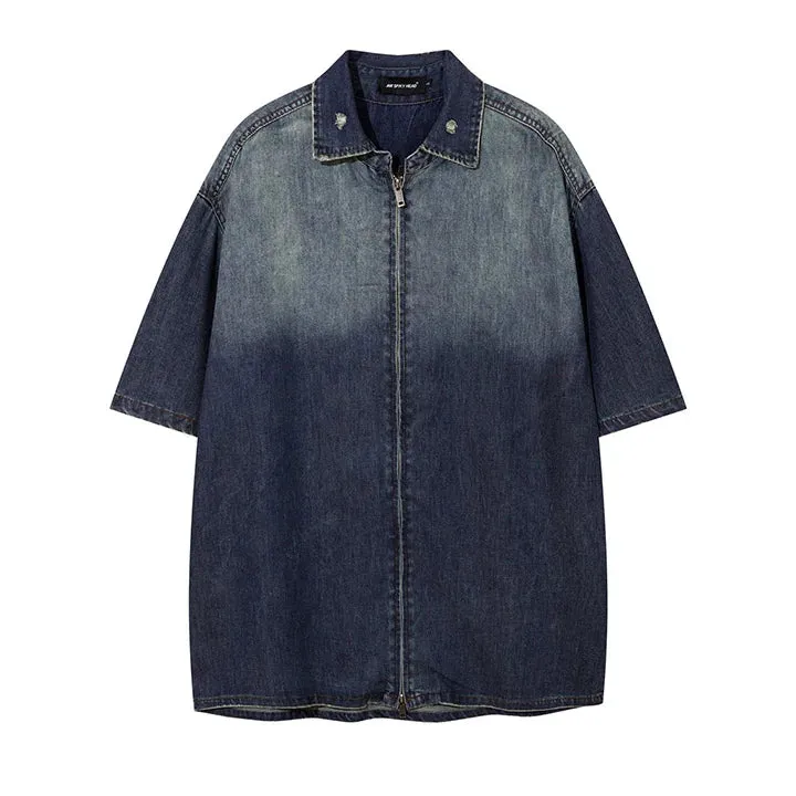 Wiaofellas  -  Vintage Jeans Shirts Short Sleeves Men Hip Hop Gradient Streetwear Button Up Blouse