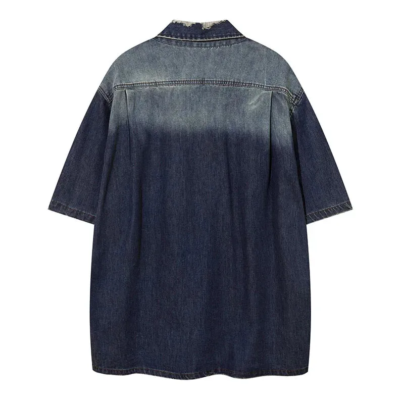 Wiaofellas  -  Vintage Jeans Shirts Short Sleeves Men Hip Hop Gradient Streetwear Button Up Blouse
