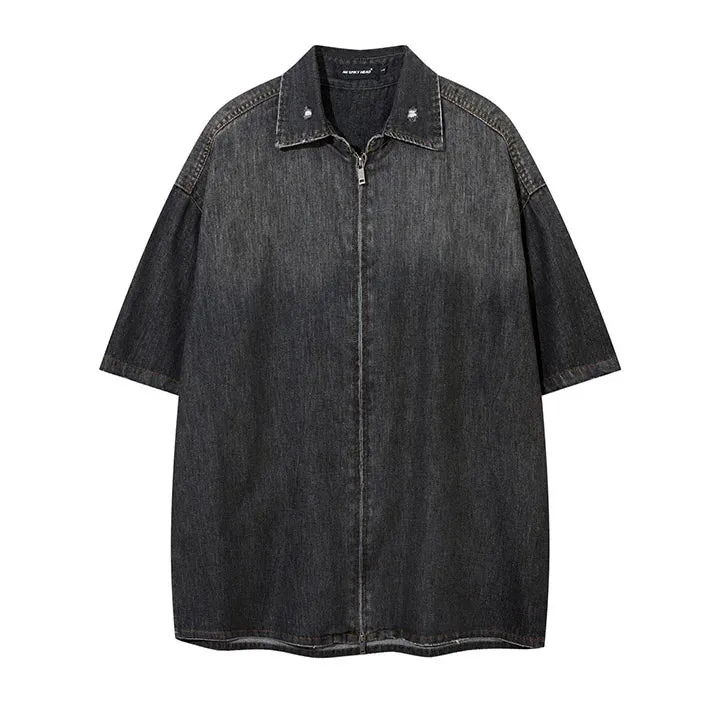 Wiaofellas  -  Vintage Jeans Shirts Short Sleeves Men Hip Hop Gradient Streetwear Button Up Blouse