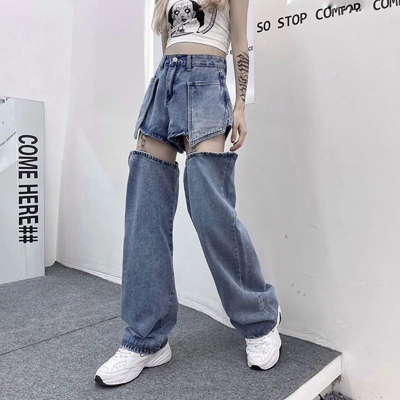 Wjczt  Jeans Women's Straight Tube Loose Summer New Personality Detachable Shorts High Waist Retro Skinny Wide Leg Jeans
