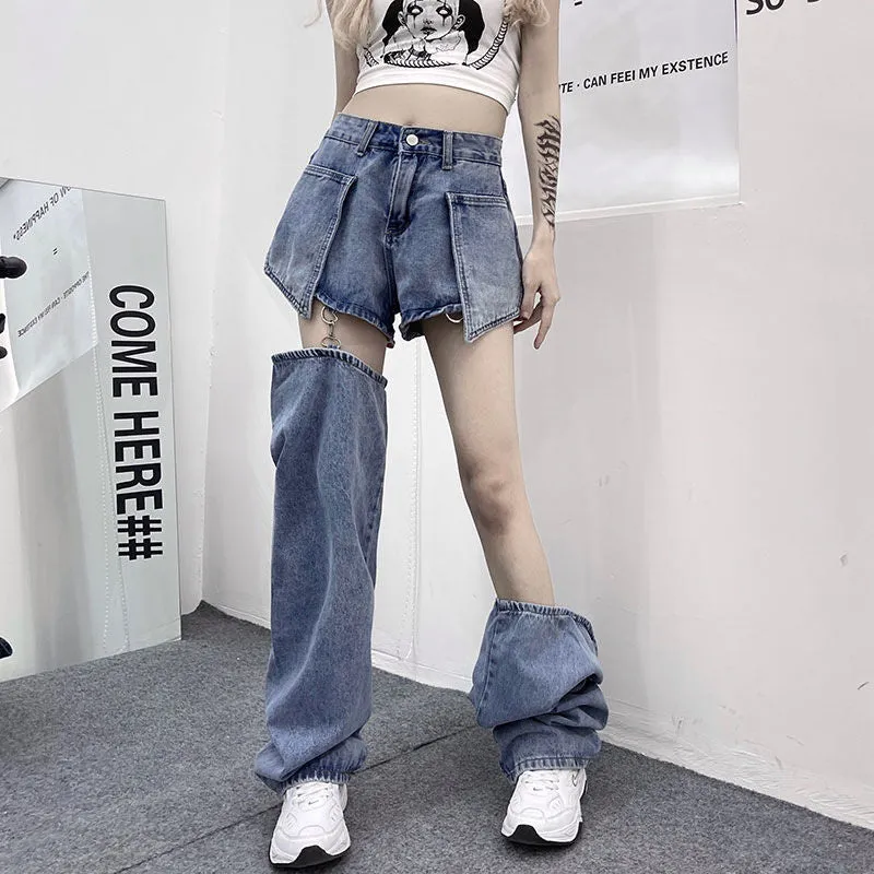 Wjczt  Jeans Women's Straight Tube Loose Summer New Personality Detachable Shorts High Waist Retro Skinny Wide Leg Jeans