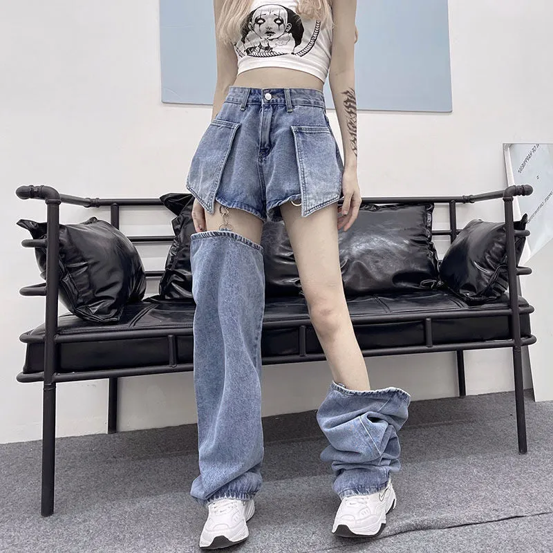Wjczt  Jeans Women's Straight Tube Loose Summer New Personality Detachable Shorts High Waist Retro Skinny Wide Leg Jeans