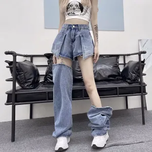 Wjczt  Jeans Women's Straight Tube Loose Summer New Personality Detachable Shorts High Waist Retro Skinny Wide Leg Jeans