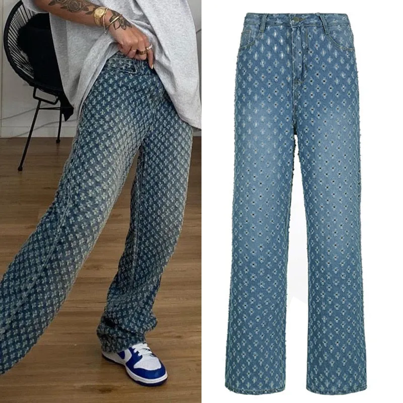 Wjczt Loose Ripped Jeans For Women Cool Oversize Low Waisted Wid Leg Pants 2022 New Fashion Spring Autumn Trousers Streetwear