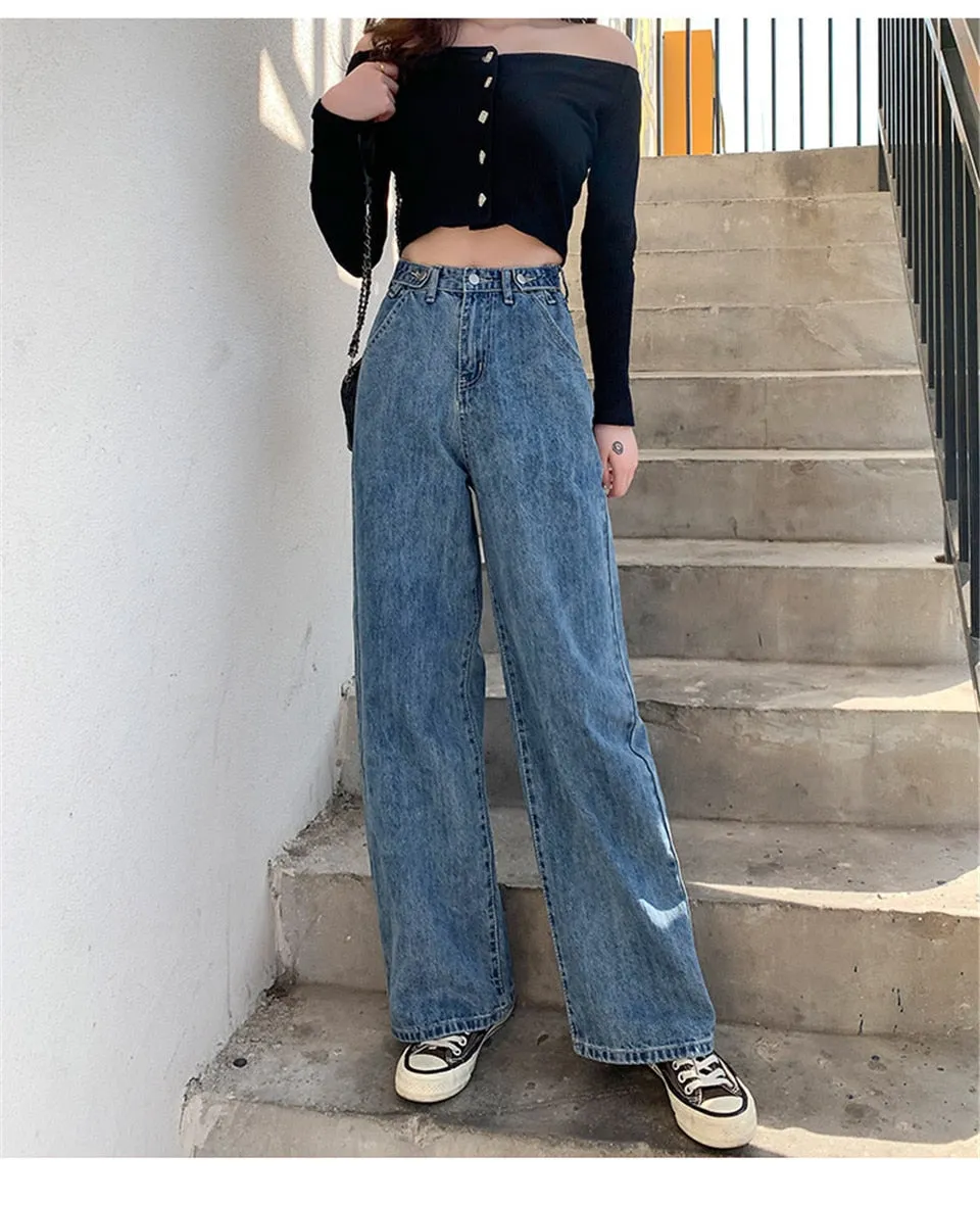 Wjczt Women Pant Woman Jeans High Waist Denim Pants Wide Leg Denim Clothing Blue Jeans Vintage Quality  Fashion Straight Pants