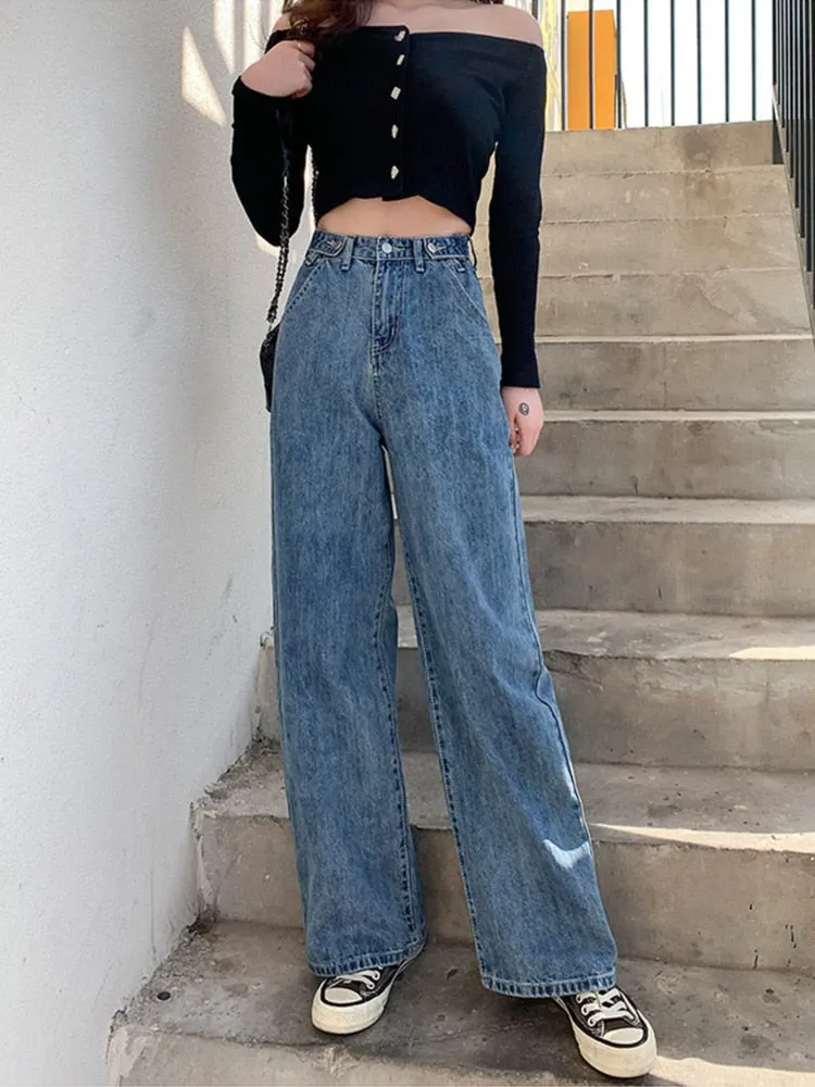 Wjczt Women Pant Woman Jeans High Waist Denim Pants Wide Leg Denim Clothing Blue Jeans Vintage Quality  Fashion Straight Pants