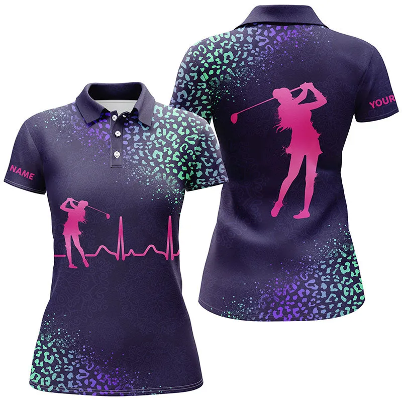 Womens Golf Polo Shirt Custom Name Golf Heartbeat Purple Gradient Leopard Pattern