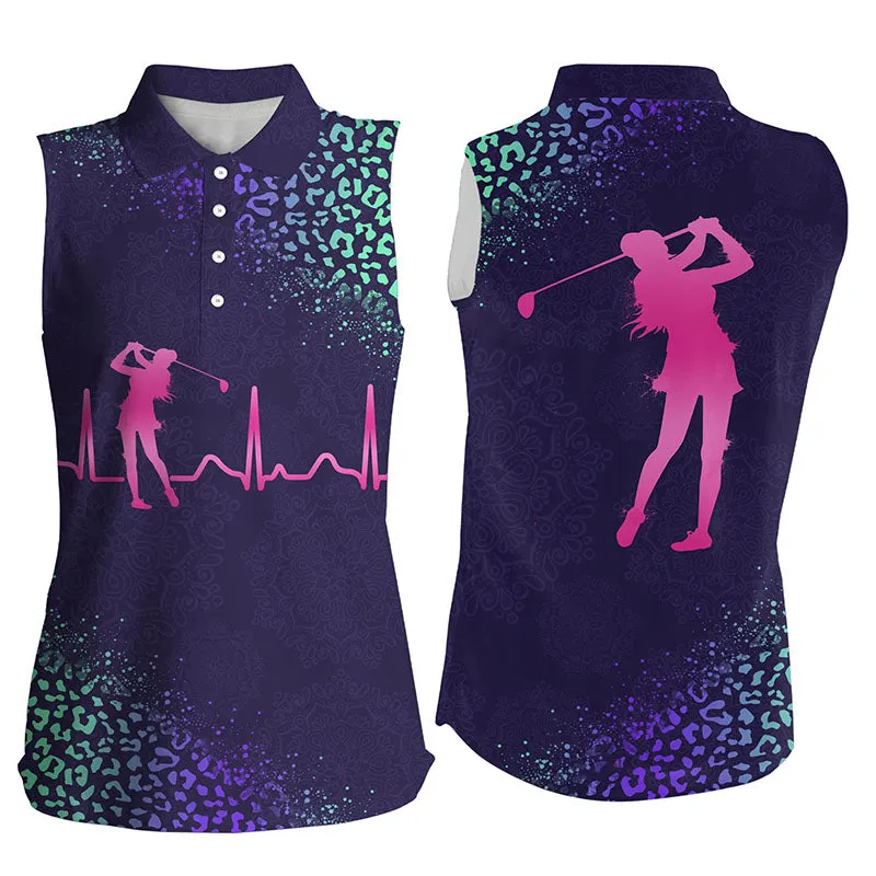 Womens Golf Polo Shirt Custom Name Golf Heartbeat Purple Gradient Leopard Pattern