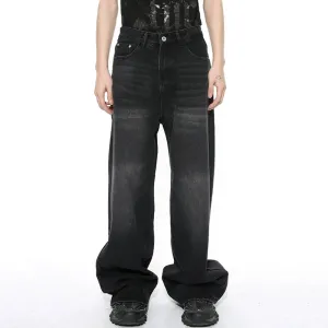 Worn Out Male Jeans Vintage Gradient Color Men's Wide  Leg Pants High Street Pockets Men Denim Straight Trousers 9C4510